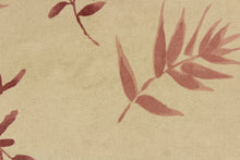 Load image into Gallery viewer, This velvet features a leaf design in mauve, and maroon against a pale beige  . 
