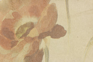  This velvet features a floral design in brown, green, peachy pink, and tan against a pale taupe .