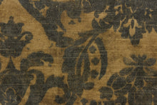 Load image into Gallery viewer, This velvet features a unique design in dark gray or black against a taupe background  .
