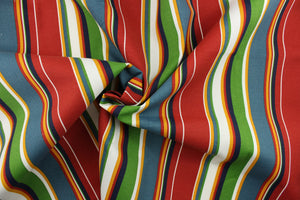  This outdoor fabric features bright stripes in red, blue, white, golden yellow, green, and navy 