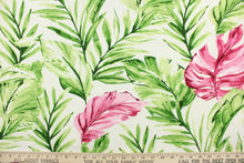 Load image into Gallery viewer, This outdoor fabric features a tropical leaf design in pink, hot pink, green, light green, and white 
