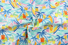 Load image into Gallery viewer, This outdoor fabric features a tropical outdoor design in pink, blue, turquoise, orange, golden yellow, and white. 
