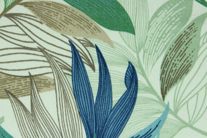 This Solarium outdoor decorative print features a large tropical leaf design in teal, sage, taupe and brown on an ivory background.  This versatile, long-lasting fabric can withstand up to 500 hours of sunlight, water and stain resistant and has 10,000 double rubs. 