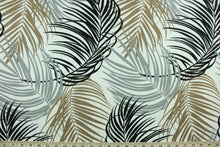 Load image into Gallery viewer, This Solarium outdoor decorative print features palm leaves in stone, copper and black against a white background.  This versatile, long-lasting fabric can withstand up to 500 hours of sunlight, water and stain resistant and has 10,000 double rubs. 
