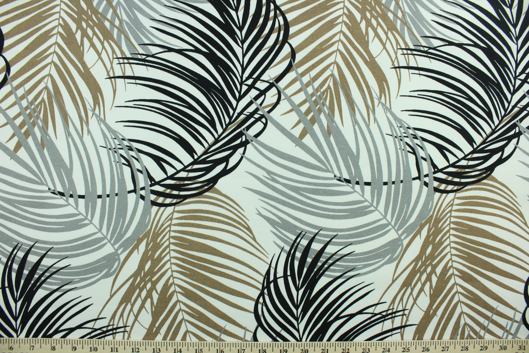 This Solarium outdoor decorative print features palm leaves in stone, copper and black against a white background.  This versatile, long-lasting fabric can withstand up to 500 hours of sunlight, water and stain resistant and has 10,000 double rubs. 