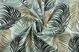 This Solarium outdoor decorative print features palm leaves in stone, copper and black against a white background.  This versatile, long-lasting fabric can withstand up to 500 hours of sunlight, water and stain resistant and has 10,000 double rubs. 