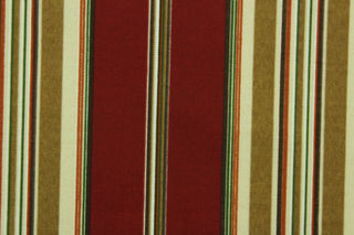 This fabric features varying width stripes in red, green, brown and beige.  The versatile, long-lasting fabric can withstand up to 500 hours of direct sunlight.  It is perfect for lounge cushions, pool furniture, tablecloths, decorative pillows and upholstery projects.  This fabric has a slightly stiff feel but is easy to work with.  