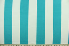 Load image into Gallery viewer, This indoor/outdoor fabric in turquoise and white stripes is perfect for any project where the fabric will be exposed to the weather.  It is fade resistant and UV tested and can withstand 1000 hours of direct sunlight.  It is also stain and water repellant and has a resistance to bleach, dirt and mildew. 
