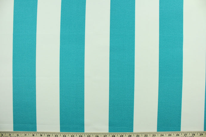 This indoor/outdoor fabric in turquoise and white stripes is perfect for any project where the fabric will be exposed to the weather.  It is fade resistant and UV tested and can withstand 1000 hours of direct sunlight.  It is also stain and water repellant and has a resistance to bleach, dirt and mildew. 