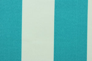 This indoor/outdoor fabric in turquoise and white stripes is perfect for any project where the fabric will be exposed to the weather.  It is fade resistant and UV tested and can withstand 1000 hours of direct sunlight.  It is also stain and water repellant and has a resistance to bleach, dirt and mildew. 