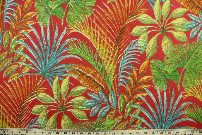  This indoor/outdoor fabric features large scale tropical leaves in teal, green and yellow against a red background.  It is perfect for any project where the fabric will be exposed to the weather.  It is fade resistant and UV tested and exceeds 60,000 rubs.