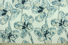 Load image into Gallery viewer,  Lucinda is an abstract floral design in mineral blue and taupe against an off white background. It can be used for several different statement projects including window accents (drapery, curtains and swags), decorative pillows, hand bags, bed skirts, duvet covers, upholstery and craft projects.  It has a soft workable feel yet is stable and durable.
