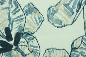  Lucinda is an abstract floral design in mineral blue and taupe against an off white background. It can be used for several different statement projects including window accents (drapery, curtains and swags), decorative pillows, hand bags, bed skirts, duvet covers, upholstery and craft projects.  It has a soft workable feel yet is stable and durable.