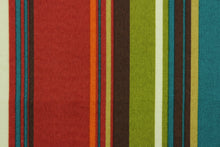 Load image into Gallery viewer, This beautiful outdoor design features stripes in the colors of teal, orange, red, brown, tan and green.  Solarium fabric is able to resist stains and water, withstand up to 500 hours of sunlight and rated at 10,000 double rubs. It is perfect for outdoor pillows, cushions, upholstery, totes, table cloths and more. 
