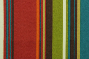 This beautiful outdoor design features stripes in the colors of teal, orange, red, brown, tan and green.  Solarium fabric is able to resist stains and water, withstand up to 500 hours of sunlight and rated at 10,000 double rubs. It is perfect for outdoor pillows, cushions, upholstery, totes, table cloths and more. 