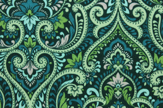 This Solarium outdoor decorative print features an elaborate damask design in emerald, light blue, lime, navy and pink.  This versatile, long-lasting fabric can withstand up to 500 hours of sunlight, water and stain resistant and has 15,000 double rubs.  It is perfect for lounge cushions, pool furniture, tablecloths, decorative pillows and upholstery projects.  This fabric has a slightly stiff feel but is easy to work with.  