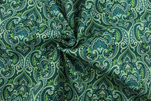 Load image into Gallery viewer, This Solarium outdoor decorative print features an elaborate damask design in emerald, light blue, lime, navy and pink.  This versatile, long-lasting fabric can withstand up to 500 hours of sunlight, water and stain resistant and has 15,000 double rubs.  It is perfect for lounge cushions, pool furniture, tablecloths, decorative pillows and upholstery projects.  This fabric has a slightly stiff feel but is easy to work with.  
