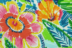 This Solarium outdoor decorative print features bright colorful flowers and foliage in red, green, blue, orange and pink against a white background.  This versatile, long-lasting fabric can withstand up to 500 hours of sunlight, water and stain resistant and has 10,000 double rubs.  It is perfect for lounge cushions, pool furniture, tablecloths, decorative pillows and upholstery projects.  This fabric has a slightly stiff feel but is easy to work with.  