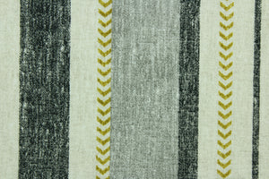  This Solarium outdoor decorative print features a multi width stripe design in black, gray, olive green and natural.  This versatile, long-lasting fabric can withstand up to 500 hours of sunlight, water and stain resistant and has 15,000 double rubs.  It is perfect for lounge cushions, pool furniture, tablecloths, decorative pillows and upholstery projects.  This fabric has a slightly stiff feel but is easy to work with.  
