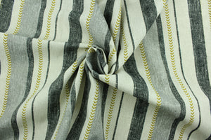  This Solarium outdoor decorative print features a multi width stripe design in black, gray, olive green and natural.  This versatile, long-lasting fabric can withstand up to 500 hours of sunlight, water and stain resistant and has 15,000 double rubs.  It is perfect for lounge cushions, pool furniture, tablecloths, decorative pillows and upholstery projects.  This fabric has a slightly stiff feel but is easy to work with.  