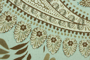 Novodari is a multi use fabric featuring a modern paisley and floral design in brown, taupe, cream and aqua blue.  It can be used for several different statement projects including window accents (drapery, curtains and swags), decorative pillows, hand bags, bed skirts, duvet covers, upholstery and craft projects.  It has a soft workable feel yet is stable and has a durability rating of 15,000 double rubs.