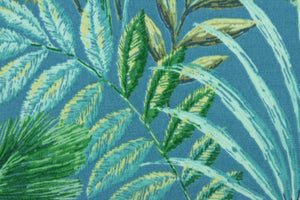 This fabric features large exotic tropical flowers and foliage in shades of teal, yellow, green, blue and brown.  It is perfect for outdoor settings or indoors in a sunny room.  It can withstand up to 500 hours of sunlight and is water and stain resistant and has a rating of 60,000 rubs.  Perfect for porches, patios and pool side.  Uses include toss pillows, cushions, upholstery, tote bags and more.  