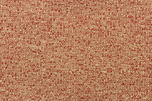 A chenille fabric in a weave design in red and a pale gold with a latex backing. 