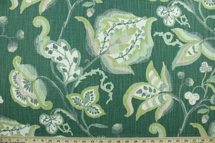 Lawrence features a large scale floral design in green, gray, pink and off white.  It can be used for several different statement projects including window accents (drapery, curtains and swags), decorative pillows, hand bags, bed skirts, duvet covers, upholstery and craft projects.  It has a soft workable feel yet is stable and has a durability rating of 15,000 double rubs.
