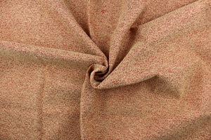 A chenille fabric in a weave design in red and a pale gold with a latex backing. 