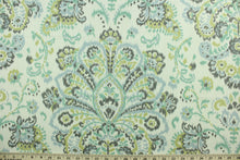 Load image into Gallery viewer,  Provence is a large scale framed medallion design in spa green, grey, chartreuse and light blueish grey on an ivory background.  It can be used for several different statement projects including window accents (drapery, curtains and swags), decorative pillows, cornice boards, bed skirts, duvet covers, upholstery and craft projects.  It has a soft workable feel yet is stable and durable with 17,000 double rubs.

