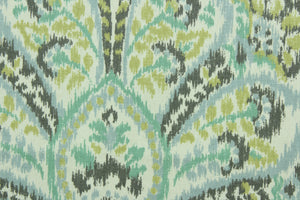  Provence is a large scale framed medallion design in spa green, grey, chartreuse and light blueish grey on an ivory background.  It can be used for several different statement projects including window accents (drapery, curtains and swags), decorative pillows, cornice boards, bed skirts, duvet covers, upholstery and craft projects.  It has a soft workable feel yet is stable and durable with 17,000 double rubs.
