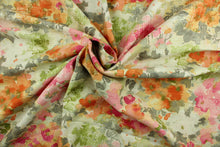 Load image into Gallery viewer, Fleurie is a multipurpose, watercolor, floral design on a linen and cotton print cloth with woven small basketweaves that adds texture to the design.  It can be used for several different statement projects including window accents (drapery, curtains and swags), decorative pillows, cornice boards, bed skirts, duvet covers, upholstery and craft projects.  It has a soft workable feel yet is stable and durable with 10,000 double rubs.  Colors included are peach, rose, pink, gray, green and off white.
