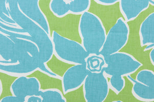 The cabana has a bright green background with aqua blue flowers with white outlines. 