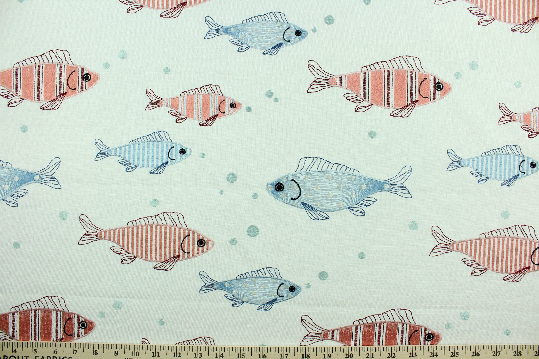 Embroidered Red Fish, Blue Fish in White - All About Fabrics