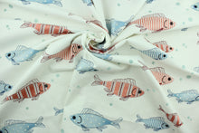 Load image into Gallery viewer, This cute and fun fabric features fish embroidered in shades red and blue against a white background.  Uses include drapery, pillows, light upholstery, table runners, bedding, headboards, home décor and apparel.  
