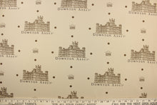 Load image into Gallery viewer, Featuring the downtown abbey building and wording in brown and black with brown dots against a tan background. 
