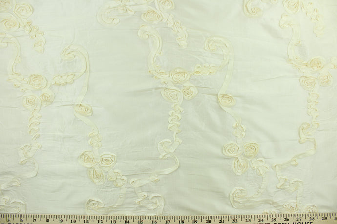 Blooming Botanicals is a beautiful and elegant fabric that features flowing rosette flowers in cream.  The fabric is voluminous and dimensional and would be perfect for special occasion apparel, costumes, backdrops, accent pillows, duvet covers and home décor.