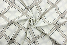 Load image into Gallery viewer, This fabric features a diagonal plaid design in black and gray against a white background .
