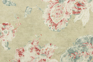 This fabric features a rose design in pink, blue gray, dull white against a pale tan background. 