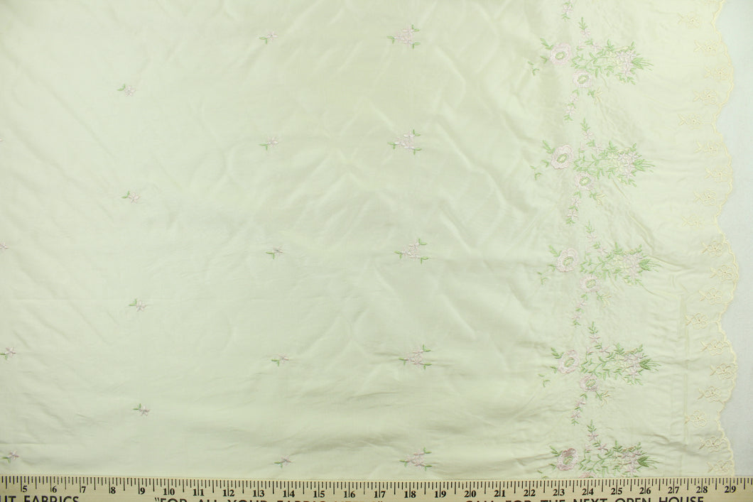 Milky Meadow features a beautiful floral design in pink and green against a tan background with a scalloped edge.  The sheen enhances and adds an elegant look to the fabric.  Uses include window treatments, accent pillows, bedding, cornice boards and home décor.