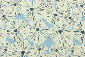 This fabric features a floral design in creamy white and dark blue against a light blue background.