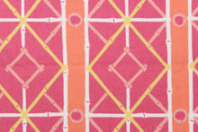 Load image into Gallery viewer, This very unique fabric with a tropical theme, feature a geometric pattern of bamboo looking diamonds, stripes and circles in pink, light orange, white and a light yellow. 

