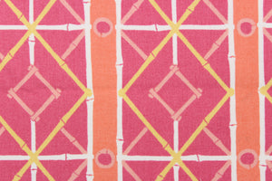 This very unique fabric with a tropical theme, feature a geometric pattern of bamboo looking diamonds, stripes and circles in pink, light orange, white and a light yellow. 