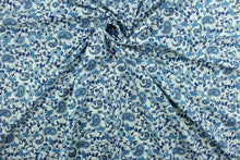 Load image into Gallery viewer,  Scripture features a floral and paisley print in shades of blue against a white background.  The versatile lightweight fabric is soft and easy to sew.  It would be great for quilting, crafting and sewing projects.  
