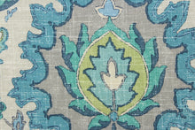 Load image into Gallery viewer, This fabric features a damask floral design in lime green, turquoise, teal, blue, and gray against a taupe background
