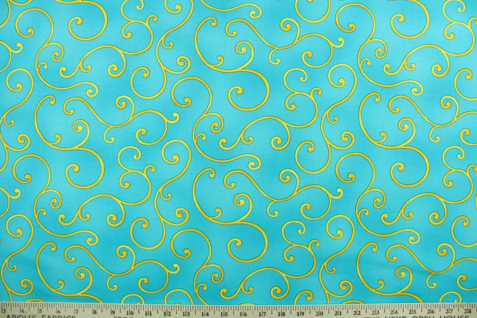  Dazzling Garden features a scroll design in yellow with white polka dots against a turquoise background.  The versatile lightweight fabric is soft and easy to sew.  It would be great for quilting, crafting and sewing projects.  