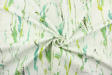 Load image into Gallery viewer, This fabric features a abstract watercolor vine and bird design in green, turquoise, gray, black and lime green against a dull white . 
