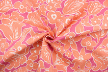 Load image into Gallery viewer,  The capri offers a a peach floral design outline in white set against a pink background.
