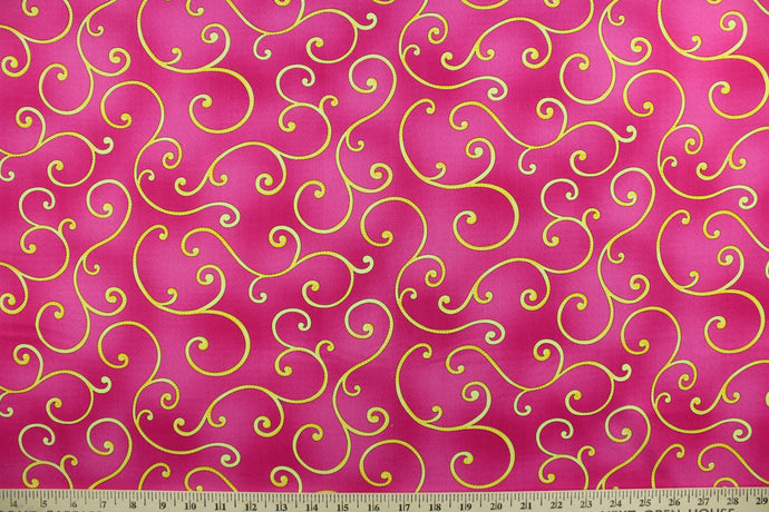 Dazzling Garden features a scroll design in yellow with white polka dots against a pink background.  The versatile lightweight fabric is soft and easy to sew.  It would be great for quilting, crafting and sewing projects.  