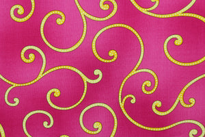 Dazzling Garden features a scroll design in yellow with white polka dots against a pink background.  The versatile lightweight fabric is soft and easy to sew.  It would be great for quilting, crafting and sewing projects.  